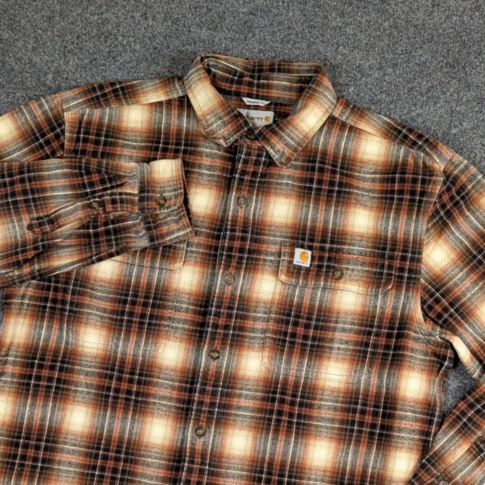 Carhartt Mens Medium Original Fit Plaid Flannel Button Down Shirt Brown